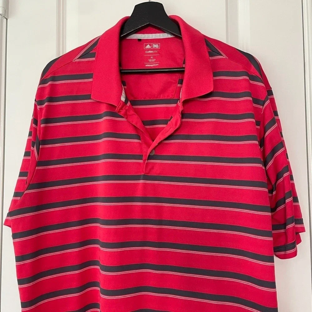 Adidas Men's Golf Climalite Polo Shirt Red Navy Blue Striped Short Sleeve XL